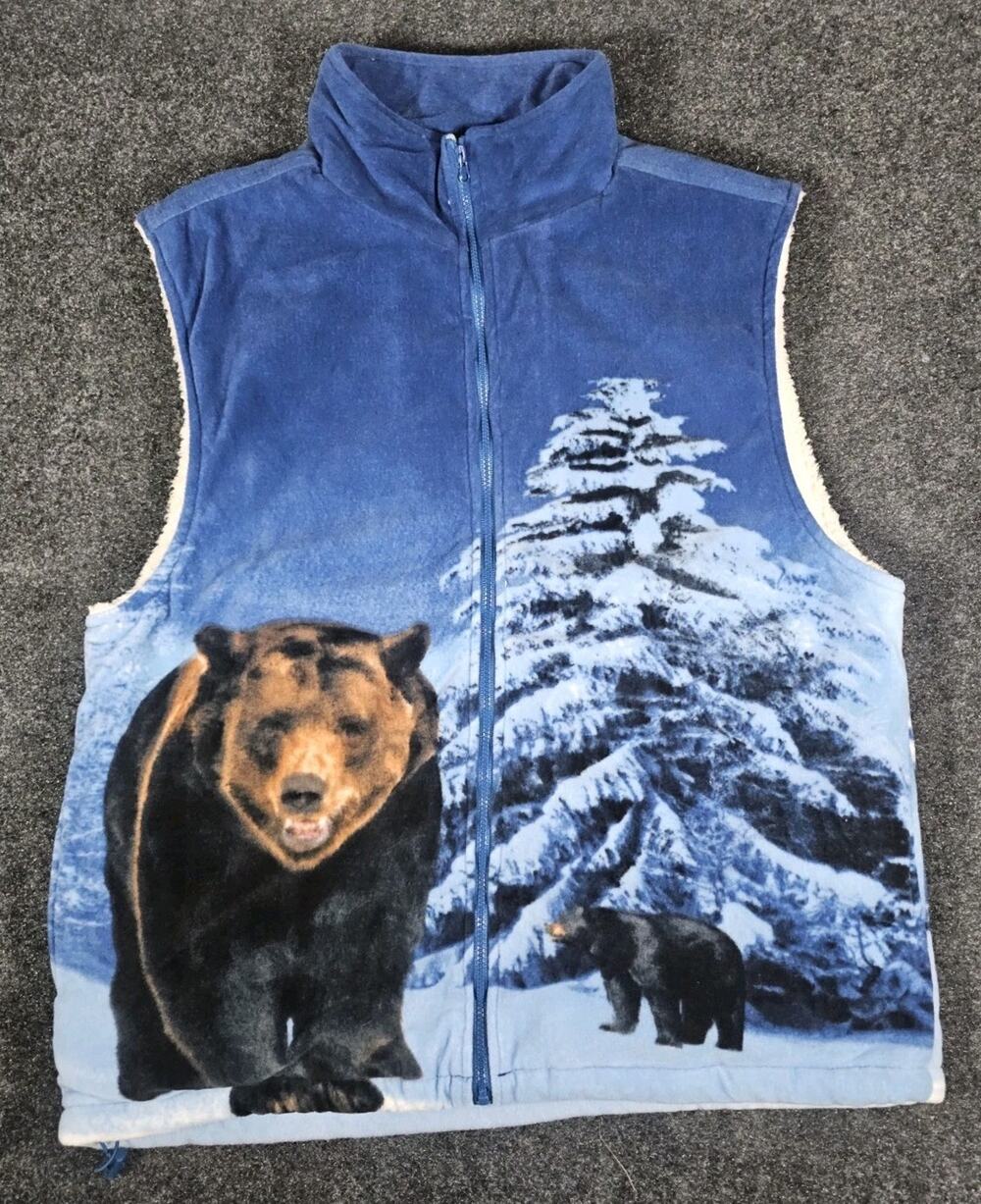 Trail Crest Vest Mens XL Blue Bear Trees Fleece Sherpa Lined Nature